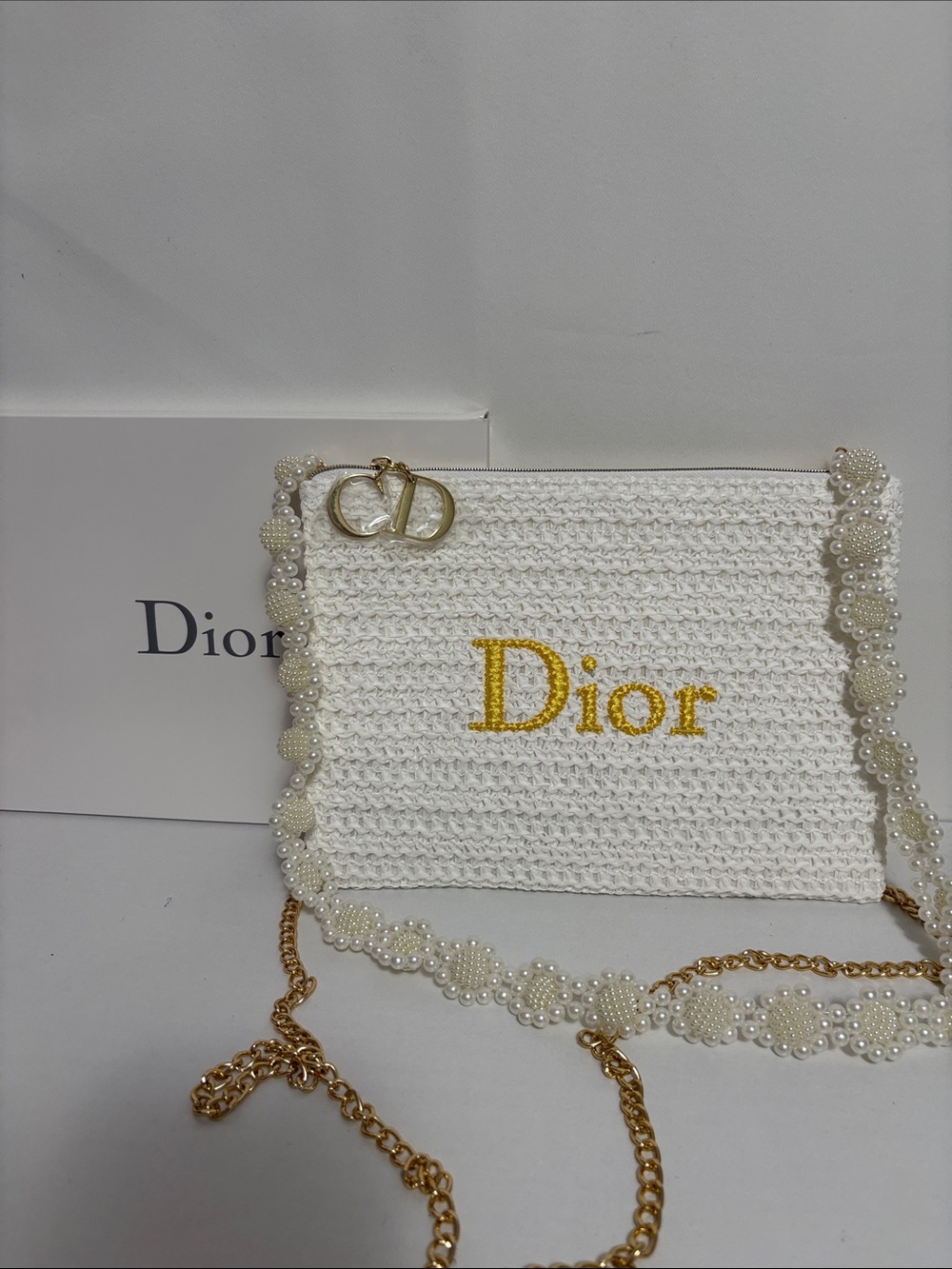 Dior White Raffia Clutch with Wristlet
